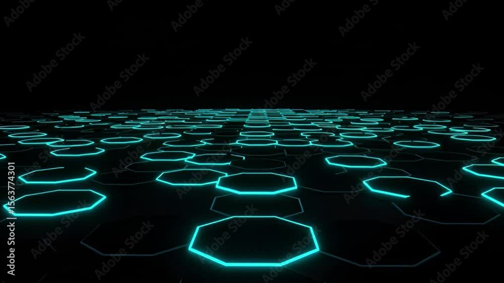 Futuristic Hexagonal Grid Pattern with Glowing Blue Lines in Dark Environment