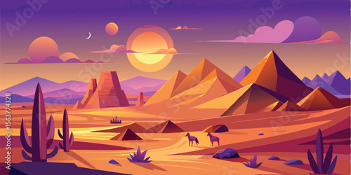 Sunset Desert Landscape: Stylized Pyramids, Cacti, and Camels at Golden Hour, Vibrant Color Palette, Flat Design Illustration.