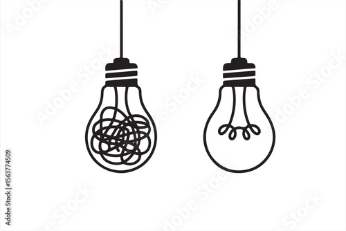 Perspective view of creative chaos versus organized thinking in lightbulb designs.