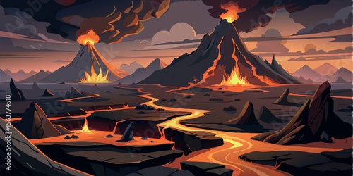 Stylized Volcanic Landscape: Erupting Volcanoes, Lava Flow, Dramatic Sunset, Fantasy Setting, Game Background,  Epic Adventure, Fiery Inferno, Dark Fantasy Art.