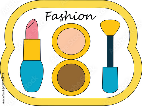 Fashion Makeup Cosmetics Vector Illustration with Lipstick, Powder, and Brush