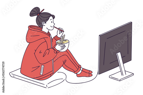A young woman in a red hoodie and sweatpants enjoys a meal with chopsticks while watching a computer screen