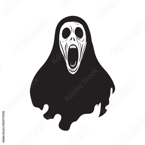 Ghost Face silhouette, A haunting silhouette of a ghostly figure with a wide open mouth, Vector Ghost Art