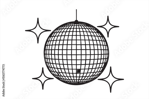 Grey and white disco ball with sparkles representing dynamic party energy.