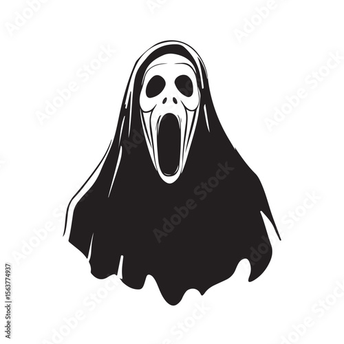 Ghost Face silhouette, A haunting silhouette of a ghostly figure with a wide open mouth, Vector Ghost Art