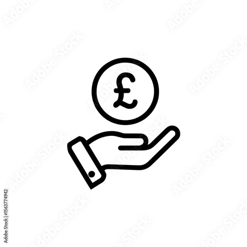 pound sign vector icon , A hand holding a pound coin in a black and white line drawing style on transparent background , no background
