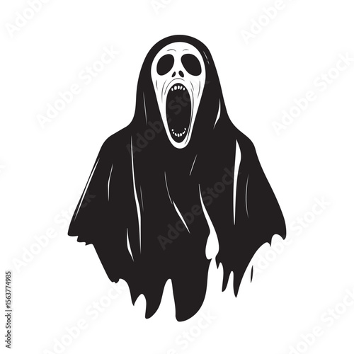 Ghost Face silhouette, A haunting silhouette of a ghostly figure with a wide open mouth, Vector Ghost Art
