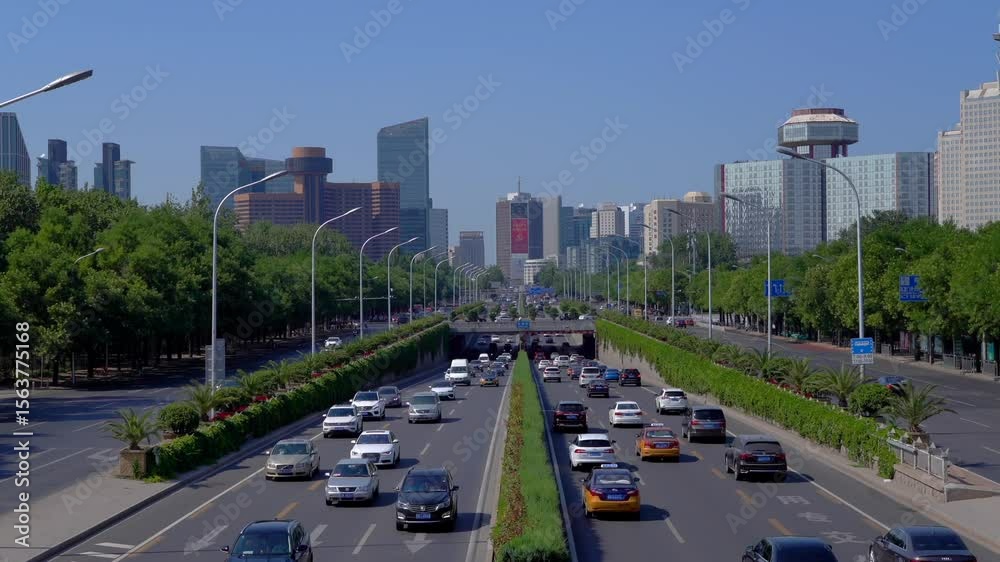 Timelapse captures busy traffic flow on Beijing East Third Ring North Road near Lufthansa Bridge