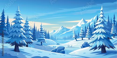 Serene Winter Landscape: Snow-Covered Pine Trees, Majestic Mountains, and a Peaceful Blue Sky, Vector Illustration, Cold Weather Scene