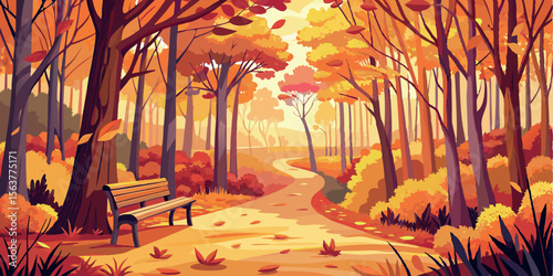 Autumnal Park Path: Warm-toned, stylized illustration of a winding path through a vibrant fall forest with a wooden bench.