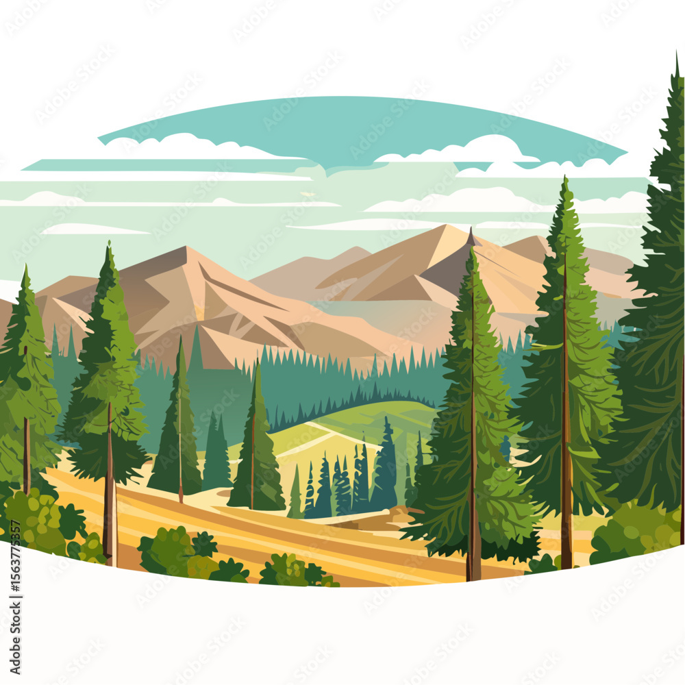 Fototapeta premium Scenic Mountain Landscape with Evergreen Trees and a Clear Blue Sky, Vector Illustration