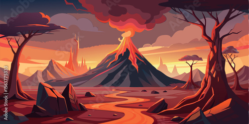 Stylized Volcanic Landscape Illustration: Erupting Volcano, Lava River, and Silhouette Trees at Sunset, Fantasy Setting, Warm Color Palette.