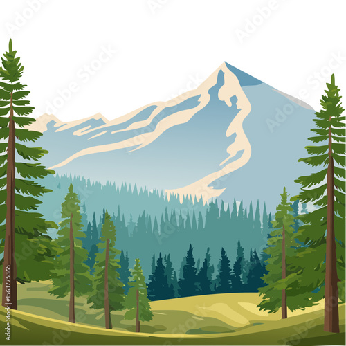Mountain Landscape with Pine Trees and Forest Background