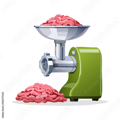 Detailed Illustration of a Modern Electric Meat Grinder with Freshly Ground Meat