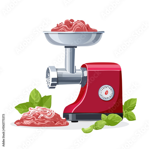 Vintage Electric Meat Grinder Illustration with Fresh Meat and Basil Leaves