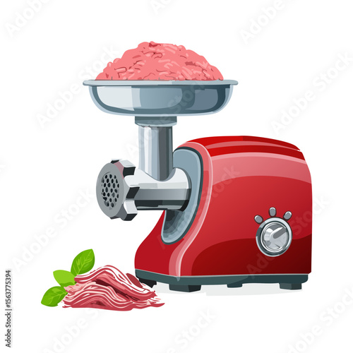 Detailed vector illustration of a red meat grinder with basil leaves.