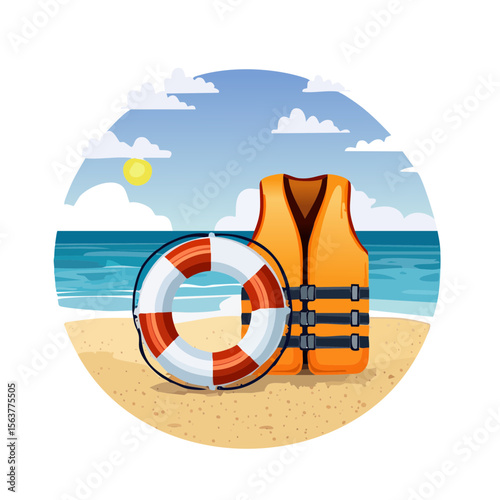 Life Vest and Ring Buoy on a Beach