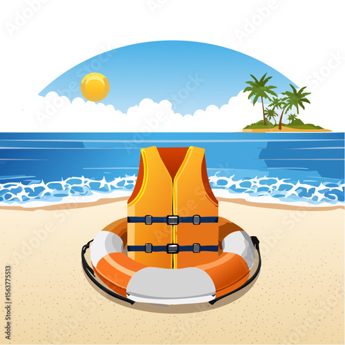 Life Vest and Ring Buoy on a Tropical Beach with Island View