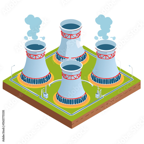 Isometric Illustration of Nuclear Power Plant Cooling Towers