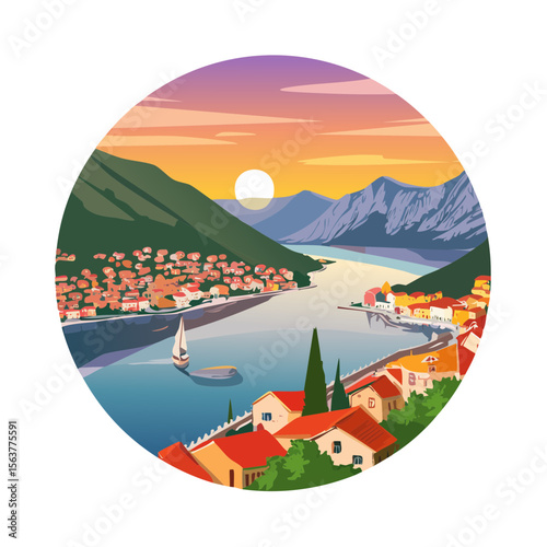 Scenic Coastal Town at Sunset with Sailboat on Calm Waters