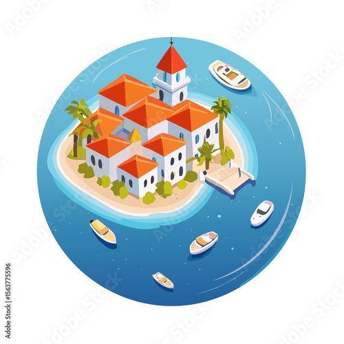 Isometric view of a charming island village with boats in the surrounding sea