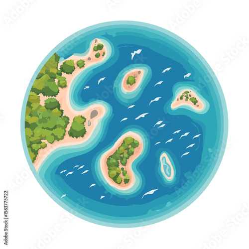 Aerial View of Tropical Islands and Ocean with Flying Seagulls in the Caribbean Sea