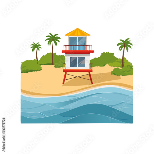 Beach Lifeguard Station on Tropical Island with Palm Trees and Ocean View