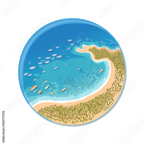 Aerial View of a Tropical Island with Boats and Fish in a Circular Frame