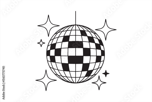 Simple black and white disco ball illustration with sparkles for a lively atmosphere.

