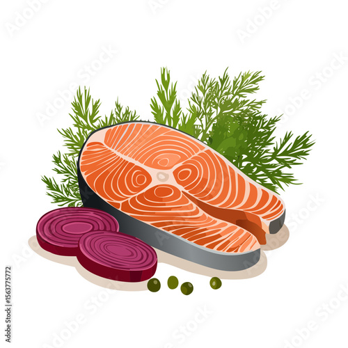 Salmon steak with red onion, dill, and olives on a plate
