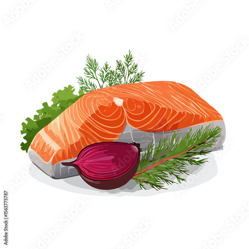Fresh salmon fillet with red onion and herbs on a plate, prepared for a healthy and delicious meal.