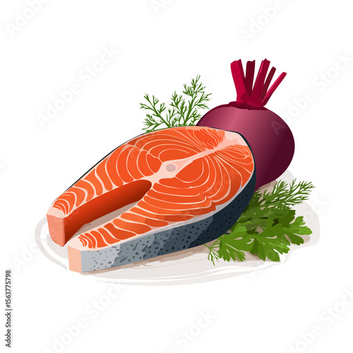 Vibrant Illustration of Salmon Steak with Beetroot and Herbs - Fresh Seafood Delight
