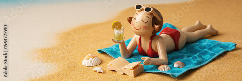 Cheerful Wooden Figurine Enjoys a Sunny Beach Day While Relaxing With a Drink and Book on a Vibrant Towel