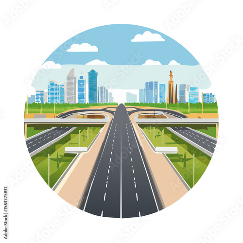 Modern Cityscape with Highway Overpass and Distant Skyline Illustration