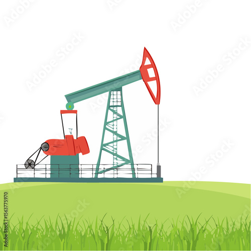 Cartoon Oil Pump Jack in a Grassy Field on a Black Background