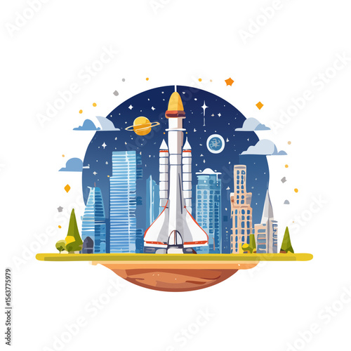 Space Shuttle Launching from a Futuristic Cityscape into Space
