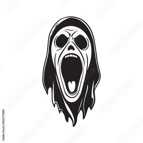 Ghost Face silhouette, A haunting silhouette of a ghostly figure with a wide open mouth, Vector Ghost Art