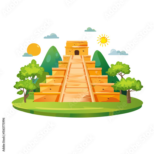 Cartoon illustration of ancient pyramid on an island.