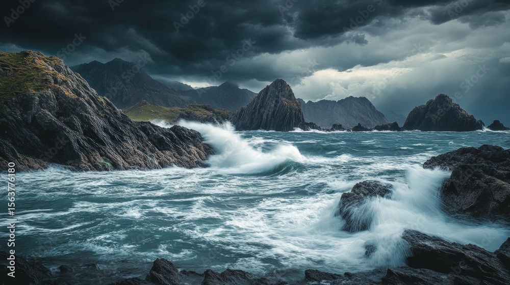 Obraz premium Dramatic sea waves crashing against the rocky coastal cliffs under dark clouds