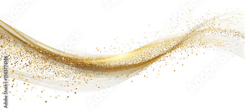 Abstract golden wave with sparkling glitter particles on a black background.