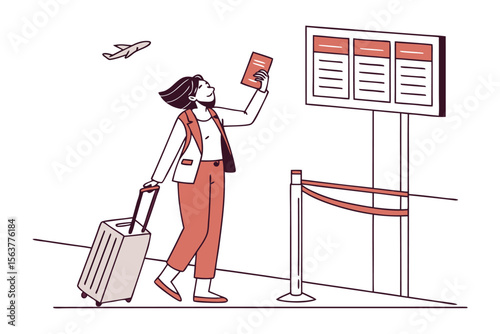 A woman with a suitcase checks the flight information board at the airport before her departure