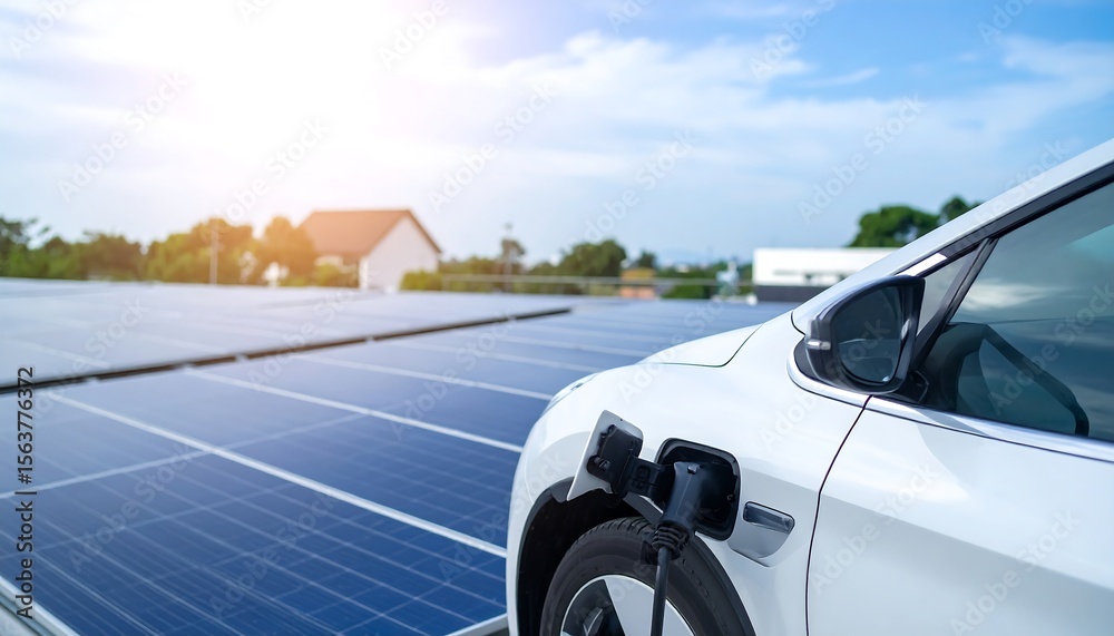 Fototapeta premium EV charging with solar panel background.