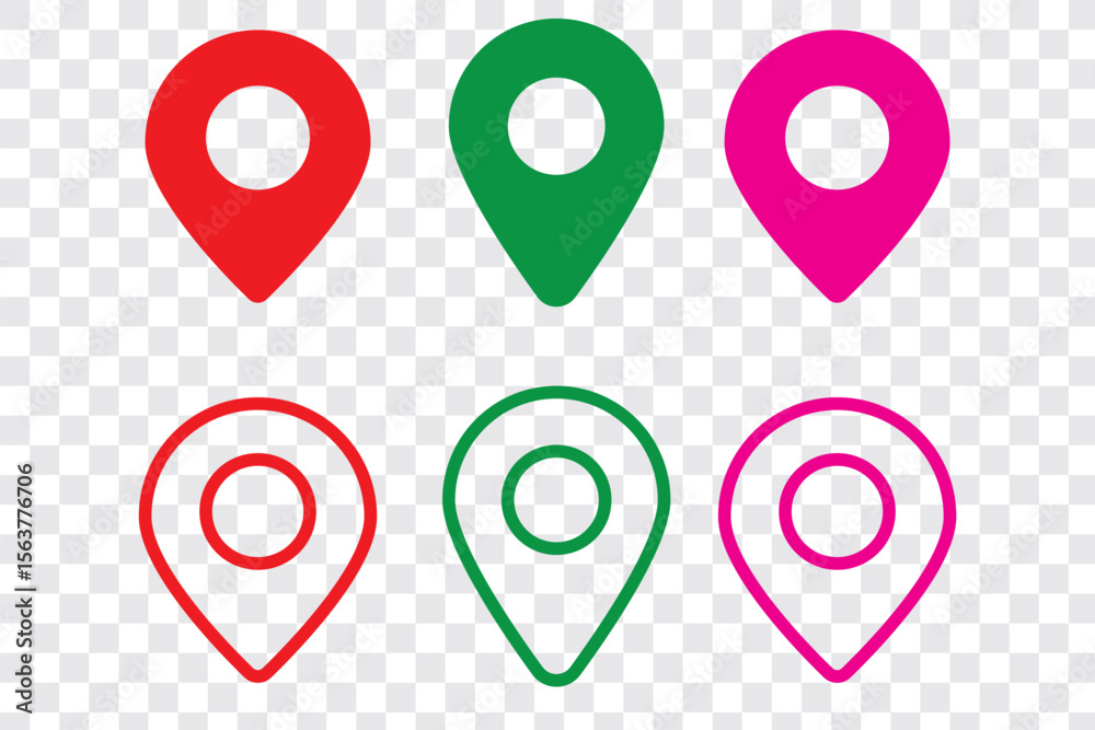 Fototapeta premium colorful location icon set map pointer pin sign symbol solid and outline designs place address navigation locator sign vector illustration