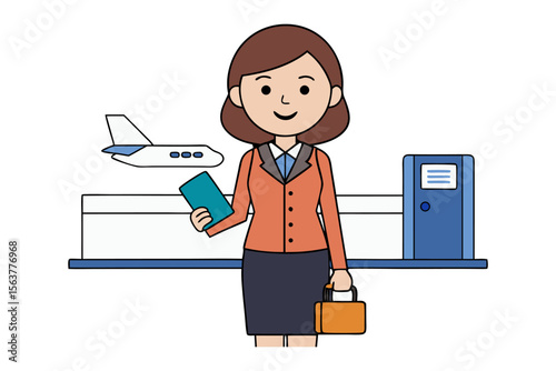 Smiling businesswoman holding passport and briefcase at airport check in counter with airplane flying overhead