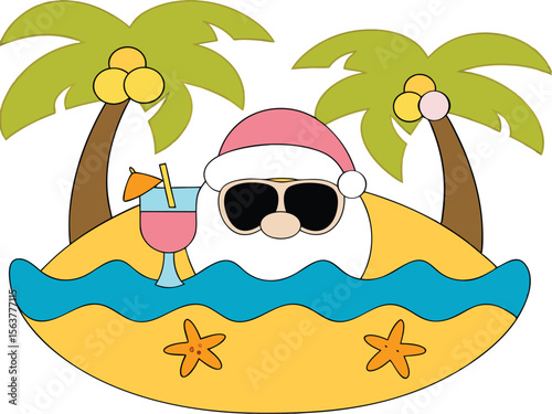 Vector illustration of Santa Claus on inflatable raft with palm trees