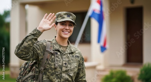 Proud Military Woman Waves Hello Outside Home