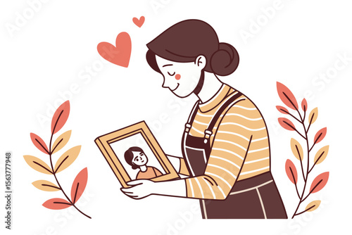 A woman cherishes a framed photograph of a child surrounded by warm autumn leaves and hearts symbolizing love and fond memories