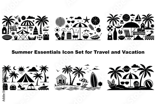Summer themed illustrations featuring travel essentials include beaches, palm trees, and vacation elements