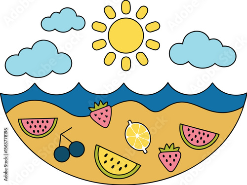 Vector illustration of beach scene with fruits and sunny weather