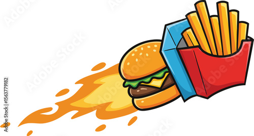 A playful cartoon illustration of a delicious cheeseburger with french fries and ketchup, perfect for fast food icons